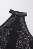 Black Sexy Patchwork Hot Drilling See-through O Neck Sleeveless Dress (With Panties)