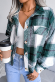 Green Casual Plaid Patchwork Buckle Turndown Collar Outerwear