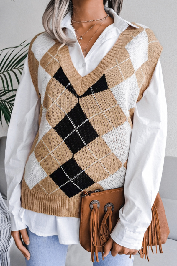 Khaki Casual Plaid Geometric Contrast V Neck Tops Sweater