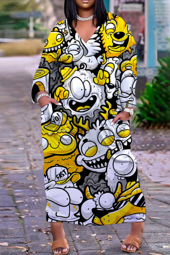 Yellow Casual Print Patchwork V Neck Long Sleeve Dresses