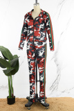 Red Casual Print Patchwork Zipper Turndown Collar Long Sleeve Two Pieces
