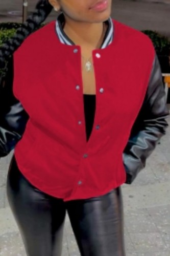 Red Casual Patchwork Contrast O Neck Outerwear