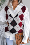 Pink Casual Plaid Geometric Contrast V Neck Tops Sweater
