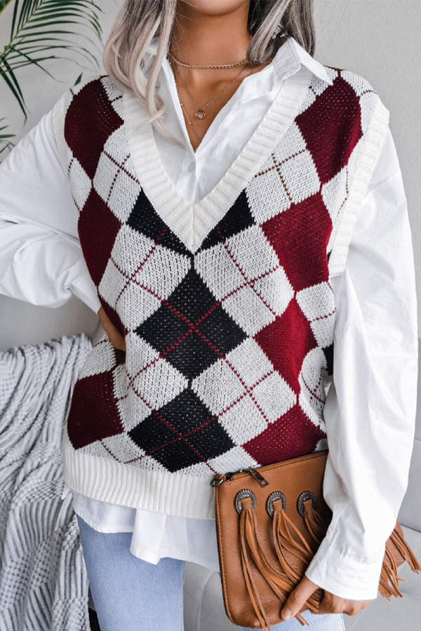 Red Casual Plaid Geometric Contrast V Neck Tops Sweater