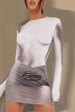 Grey Casual Print Basic O Neck Long Sleeve Dresses