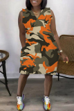 Army Green Casual Print Basic O Neck Sleeveless Dress Dresses
