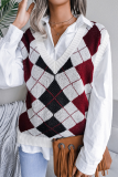 Red Casual Plaid Geometric Contrast V Neck Tops Sweater