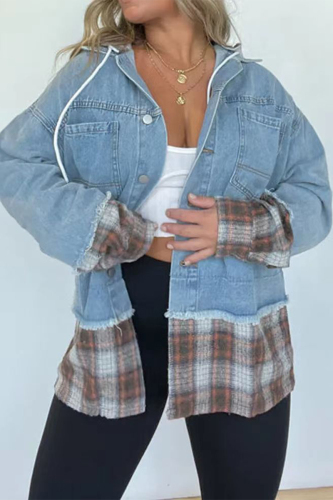 The cowboy blue Casual Plaid Draw String Turndown Collar Outerwear