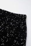 Black Casual Patchwork Tassel Sequins Skinny High Waist Conventional Patchwork Skirt