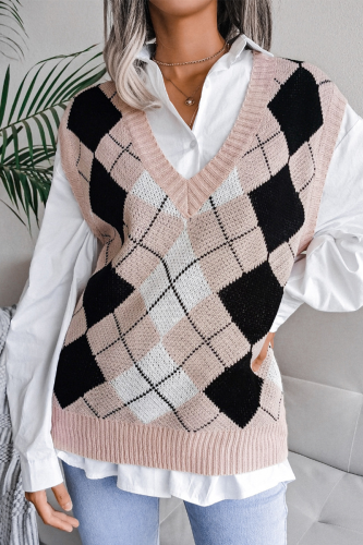 Pink Casual Plaid Geometric Contrast V Neck Tops Sweater
