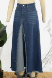 Deep Blue Casual Patchwork Contrast High Waist Regular Denim Skirts
