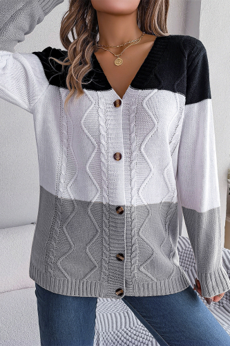 Grey Casual Street Color Block Buttons Contrast V Neck Outerwear