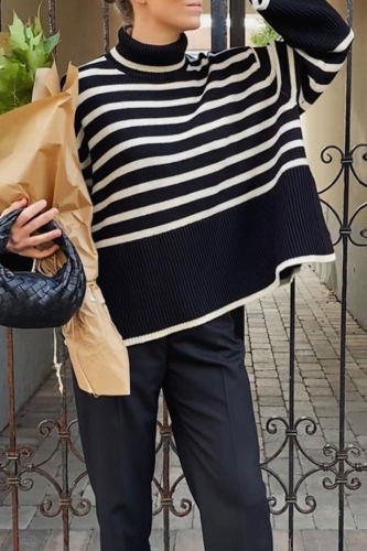 Black Casual Striped Slit Asymmetrical Turtleneck Tops