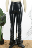 Black Casual Solid Slit Fold Skinny High Waist Conventional Solid Color Trousers