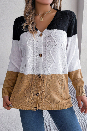 Khaki Casual Street Color Block Buttons Contrast V Neck Outerwear
