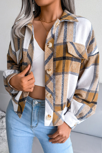 Khaki Casual Plaid Patchwork Buckle Turndown Collar Outerwear