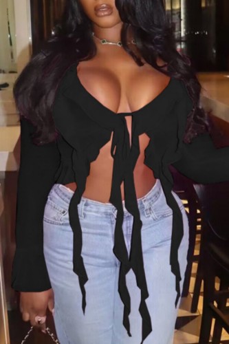 Black Sexy Casual Solid Tassel Bandage Tops