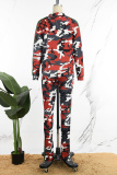 Red Casual Print Patchwork Zipper Turndown Collar Long Sleeve Two Pieces