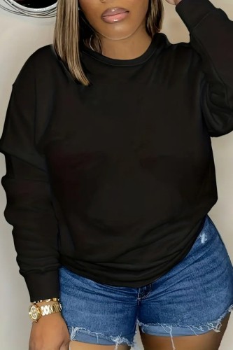 Black Casual Daily Solid Basic O Neck Tops