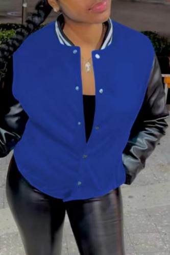 Blue Casual Patchwork Contrast O Neck Outerwear
