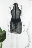 Black Sexy Patchwork Hot Drilling See-through O Neck Sleeveless Dress (With Panties)