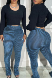 Blue Casual Striped Basic Skinny High Waist Pencil Patchwork Trousers