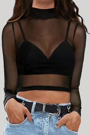 Black Sexy Solid See-through Turtleneck Tops