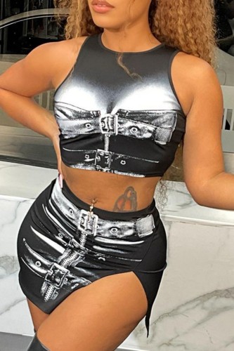 Black Print Basic O Neck Sleeveless Two Pieces