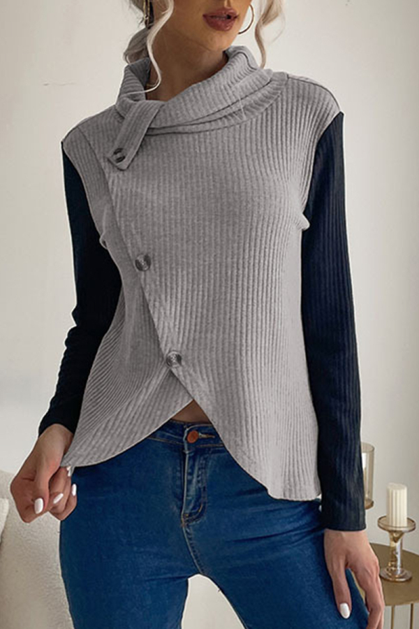 Light Gray Casual Solid Buttons Asymmetrical Turtleneck Tops