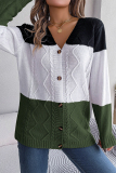 Khaki Casual Street Color Block Buttons Contrast V Neck Outerwear