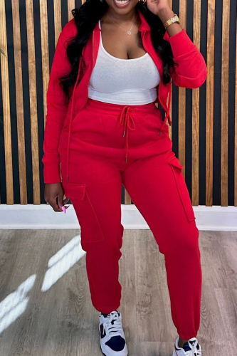Red Casual Solid Patchwork Draw String Pocket Zipper Hooded Collar Long Sleeve Two Pieces