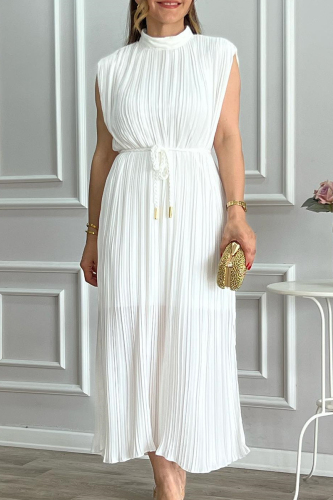 White Sweet Solid Patchwork Frenulum Half A Turtleneck Sleeveless Dress Dresses