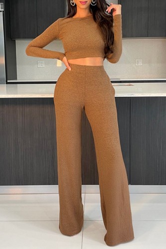 Brown Casual Solid Basic O Neck Long Sleeve Two Pieces