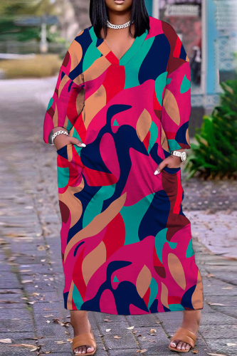 Rose Red Casual Print Patchwork V Neck Long Sleeve Dresses