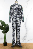 White Casual Print Patchwork Zipper Turndown Collar Long Sleeve Two Pieces