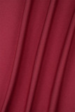 Burgundy Casual Solid Patchwork Backless High Opening One Shoulder Long Dress Dresses