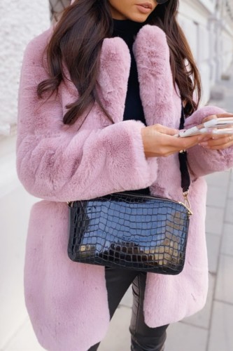 Pink Faux Fur Casual Solid Cardigan Turndown Collar Long Sleeve Coat