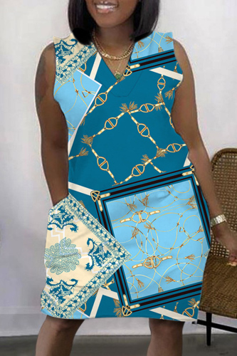 Blue Casual Print Basic O Neck Sleeveless Dress Dresses