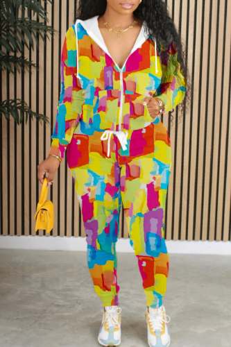 Yellow Casual Print Patchwork Zipper Hooded Collar Long Sleeve Two Pieces