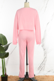 Pink Casual Solid Burn-out V Neck Long Sleeve Two Pieces