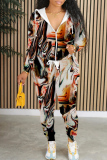 Multicolor Casual Print Patchwork Zipper Hooded Collar Long Sleeve Two Pieces