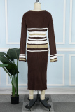 Brownness Casual Patchwork Contrast V Neck Long Sleeve Two Pieces