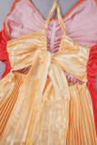 Yellow Elegant Gradual Change Patchwork Spaghetti Strap Printed Dress Dresses