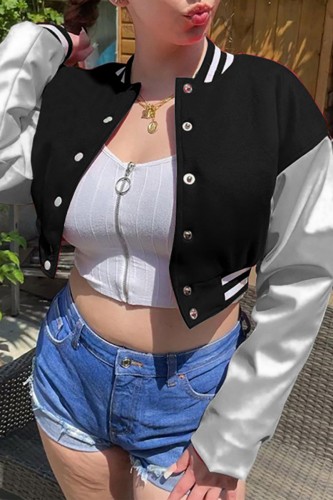 Black Casual Patchwork Contrast Outerwear
