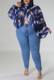 Cyan Sexy Casual Print See-through Slit Turtleneck Plus Size Tops