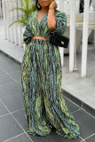 Green Tropical Print Deep V Neck Half Sleeve Crop Top and Palazzo Pants Daily Vacation Wide Leg Pant Suit