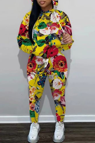 Yellow Casual Print Basic Hooded Collar Long Sleeve Two Pieces
