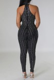 Black Sexy Patchwork Hot Drilling Hollowed Out Turtleneck Skinny Jumpsuits