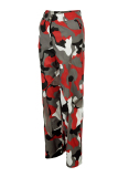 Red Casual Camouflage Print Hollowed Out Patchwork Straight Mid Waist Conventional Full Print Trousers