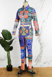 Multicolor Sexy Print Patchwork Buckle Turndown Collar Long Sleeve Two Pieces